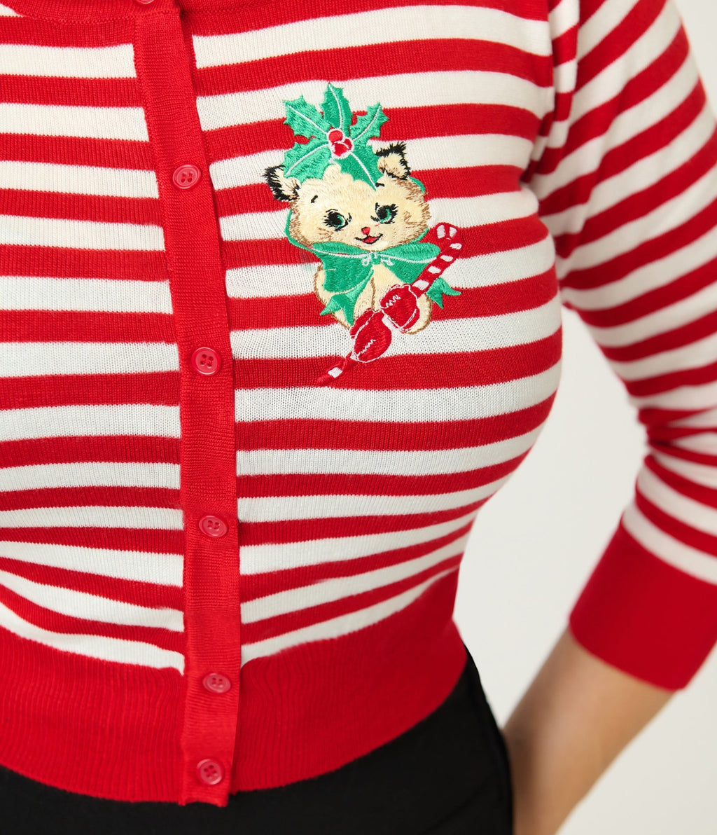 Mischief Made Red & White Candy Cane Striped Cardigan - Unique Vintage - Womens, TOPS, SWEATERS