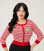 Mischief Made Red & White Candy Cane Striped Cardigan - Unique Vintage - Womens, TOPS, SWEATERS