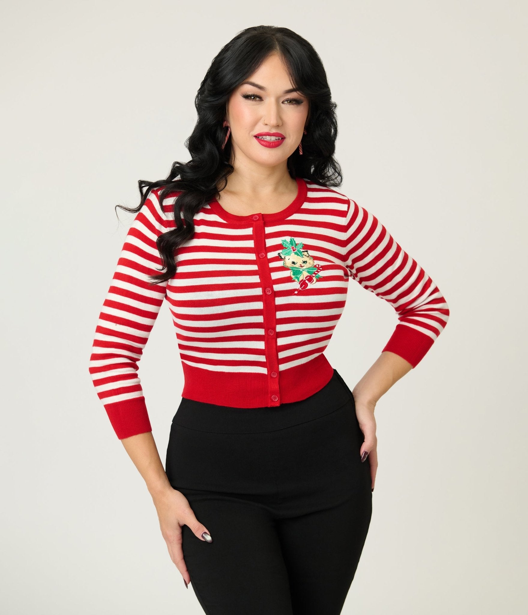 Mischief Made Red & White Candy Cane Striped Cardigan - Unique Vintage - Womens, TOPS, SWEATERS