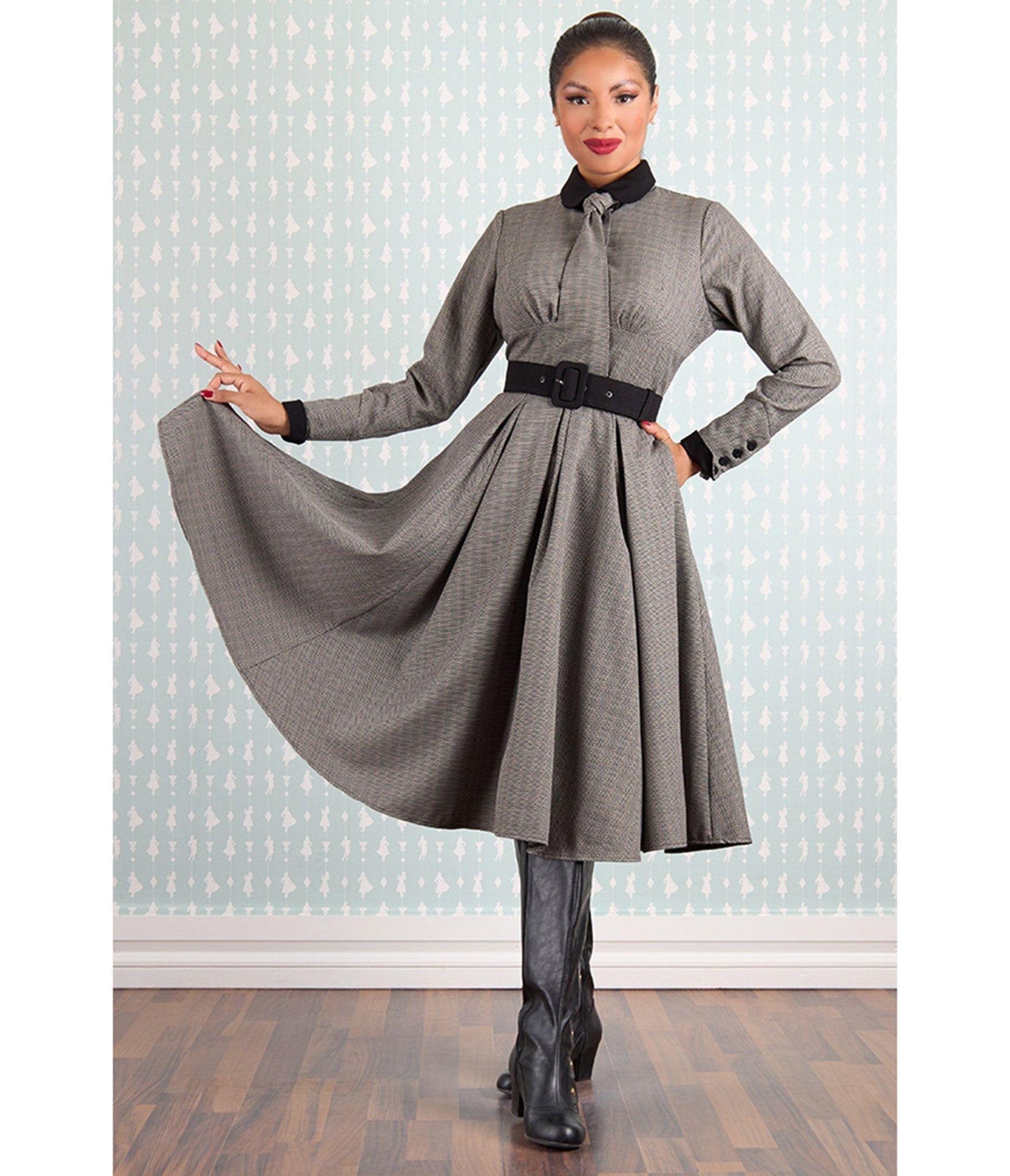 Miss Candyfloss Grey Plaid Manel Abalone Dress - Unique Vintage - Womens, DRESSES, A - LINE
