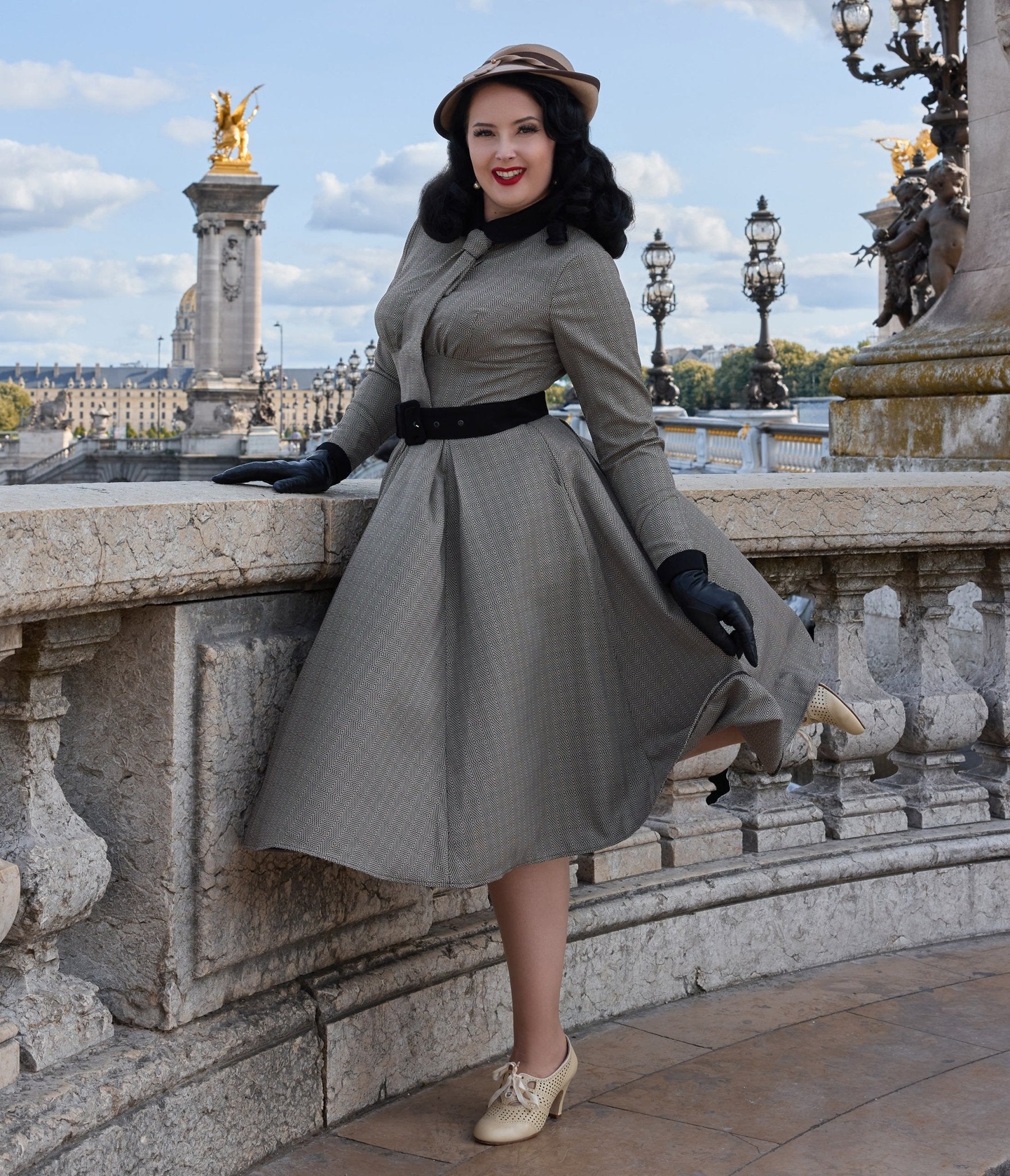 Miss Candyfloss Plus Size Grey Plaid Manel Abalone Dress - Unique Vintage - Womens, DRESSES, A - LINE