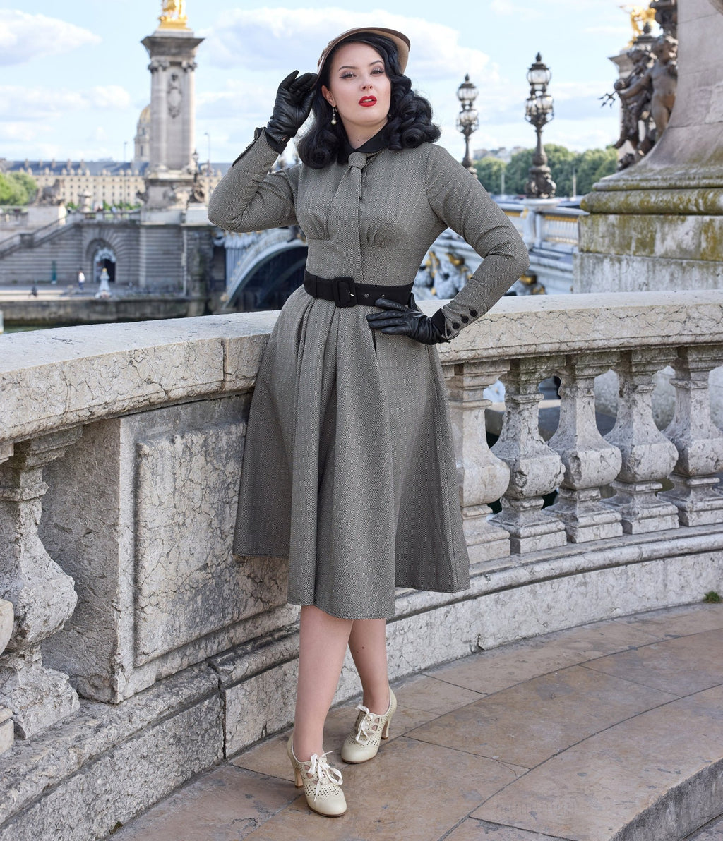 Miss Candyfloss Plus Size Grey Plaid Manel Abalone Dress - Unique Vintage - Womens, DRESSES, A - LINE