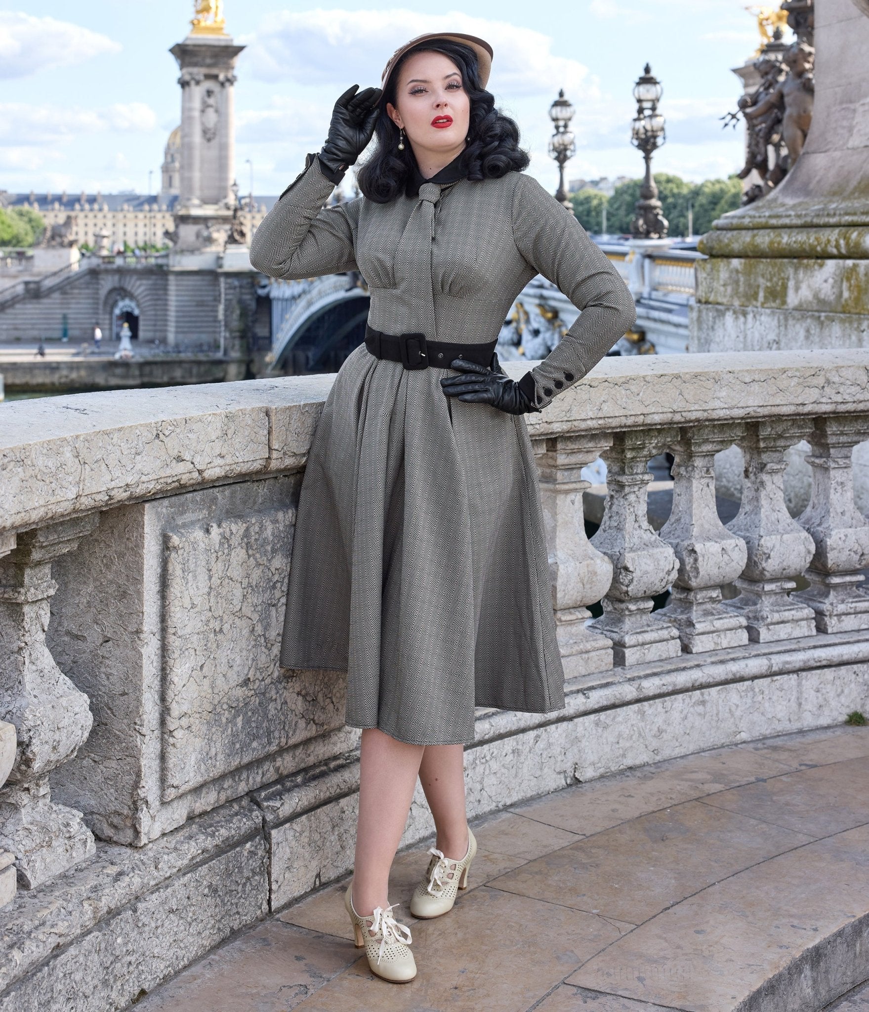 Miss Candyfloss Plus Size Grey Plaid Manel Abalone Dress - Unique Vintage - Womens, DRESSES, A - LINE
