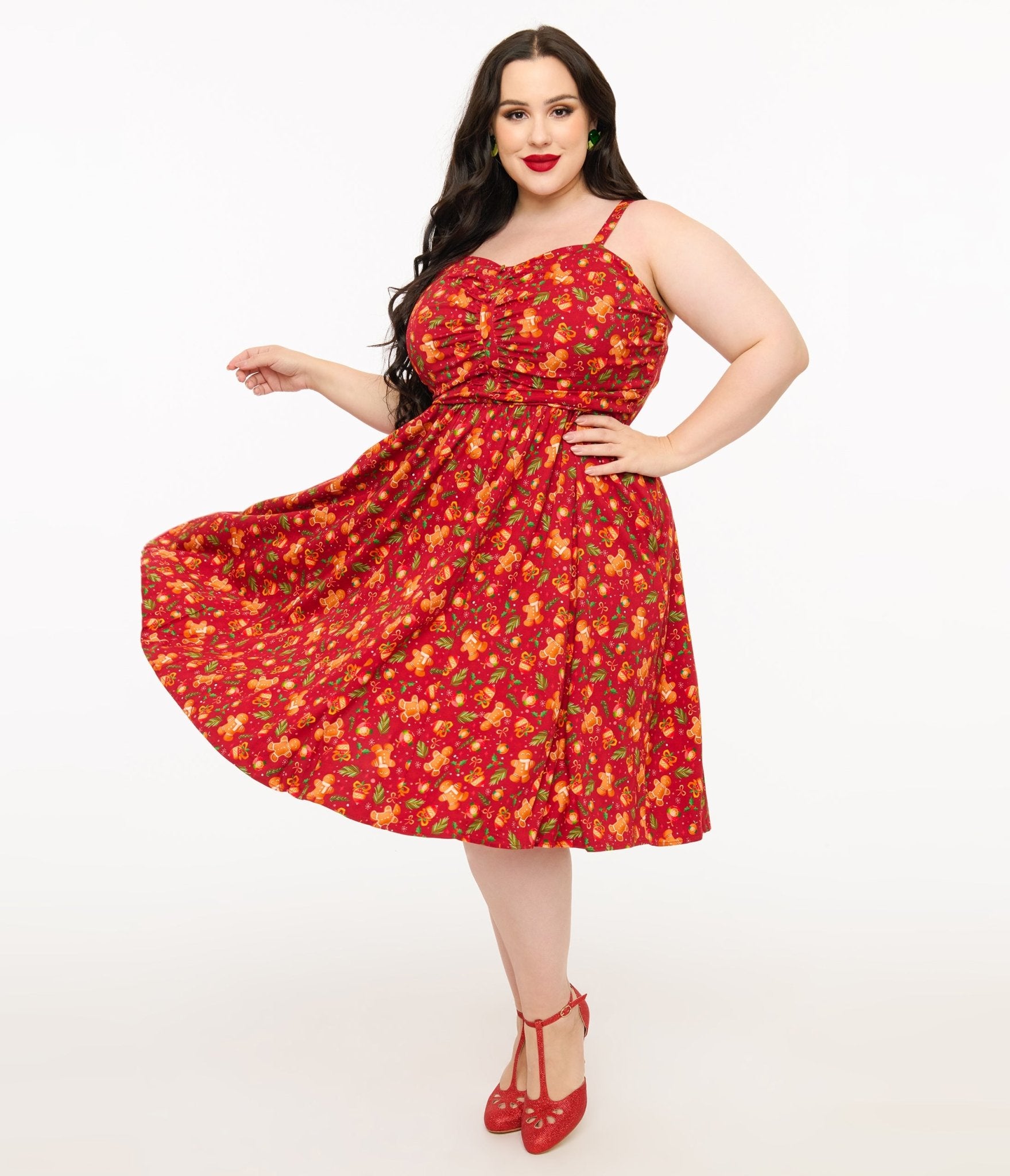 Miss Lulo Plus Size 1950s Red Gingerbread Man Print Eden Fit & Flare Dress - Unique Vintage - Womens, DRESSES, SWING