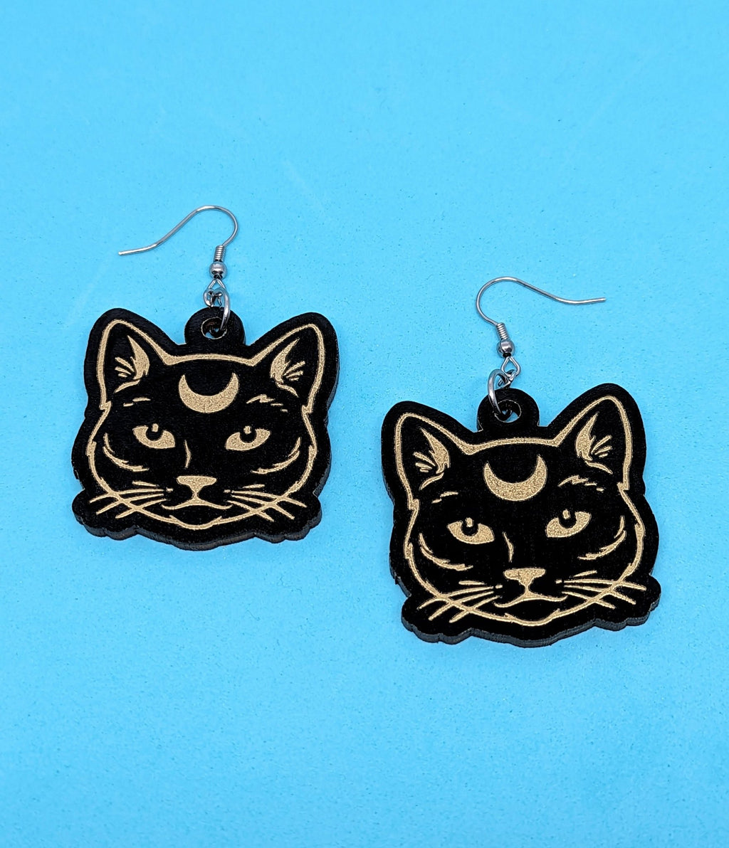 Moon Kitty Wooden Earrings - Unique Vintage - Womens, ACCESSORIES, JEWELRY