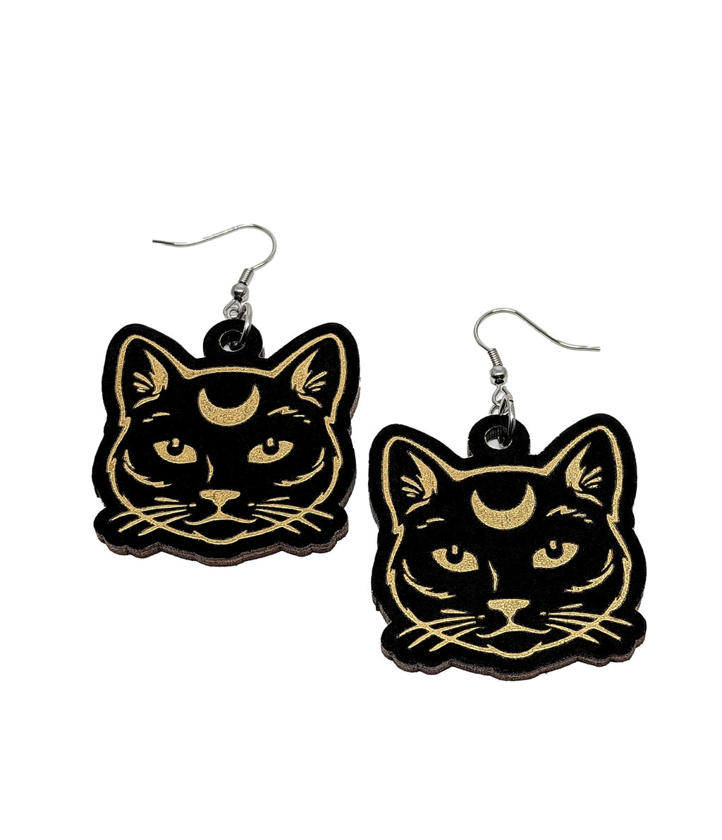 Moon Kitty Wooden Earrings - Unique Vintage - Womens, ACCESSORIES, JEWELRY