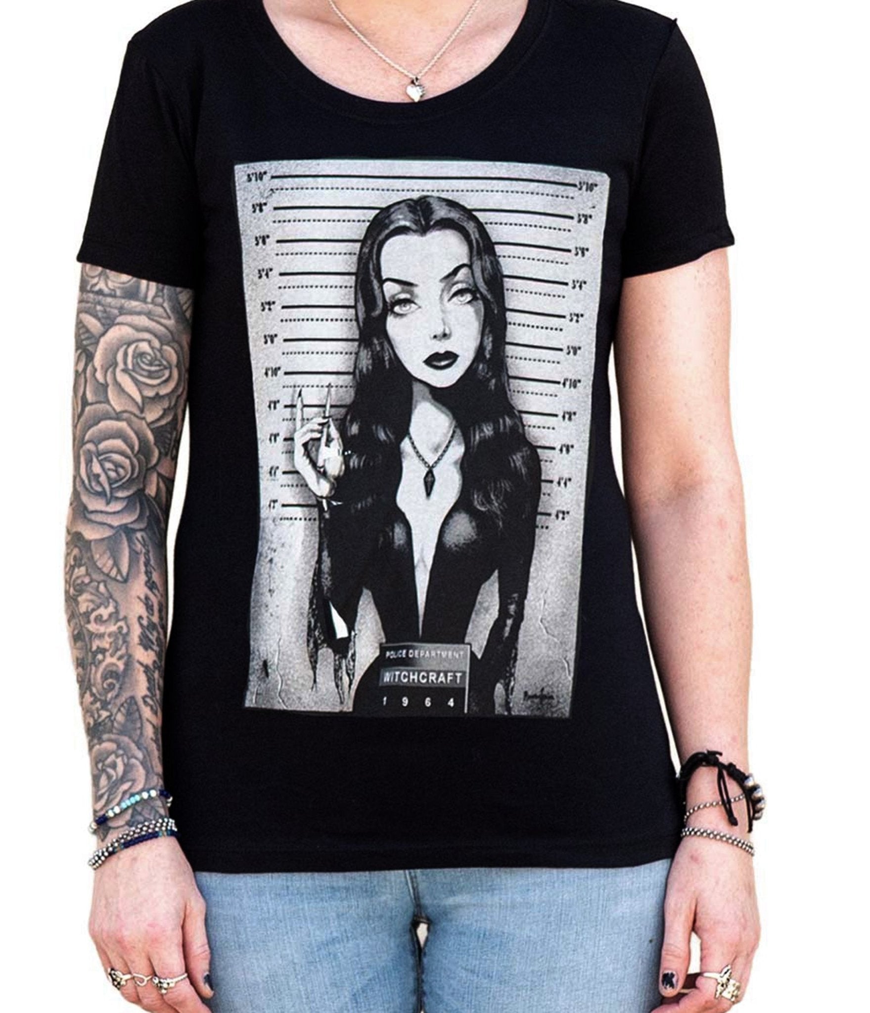 Morticia Addams Mugshot Women's Graphic Tee - Unique Vintage - Womens, GRAPHIC TEES, TEES