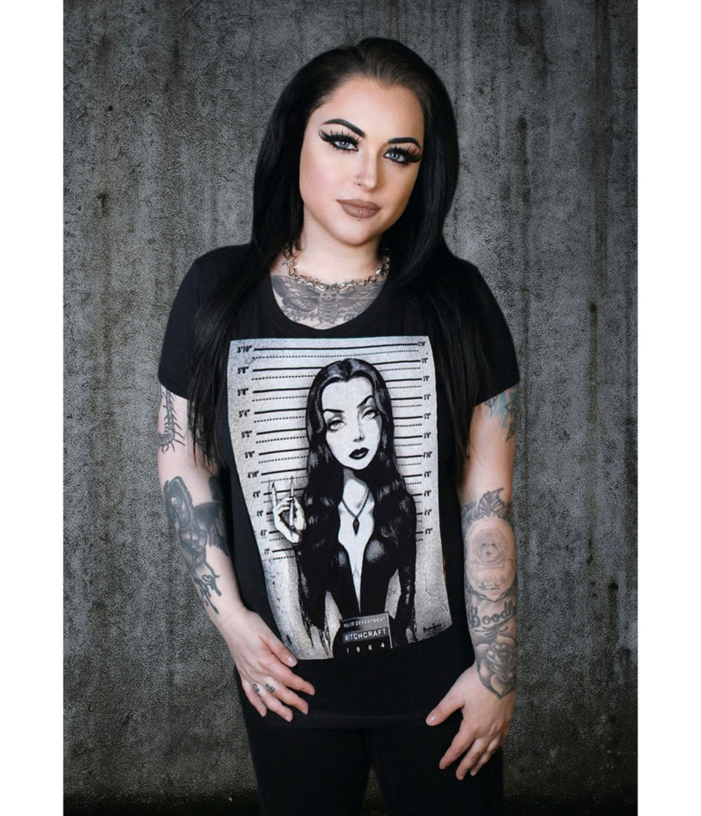 Morticia Addams Mugshot Women's Graphic Tee - Unique Vintage - Womens, GRAPHIC TEES, TEES