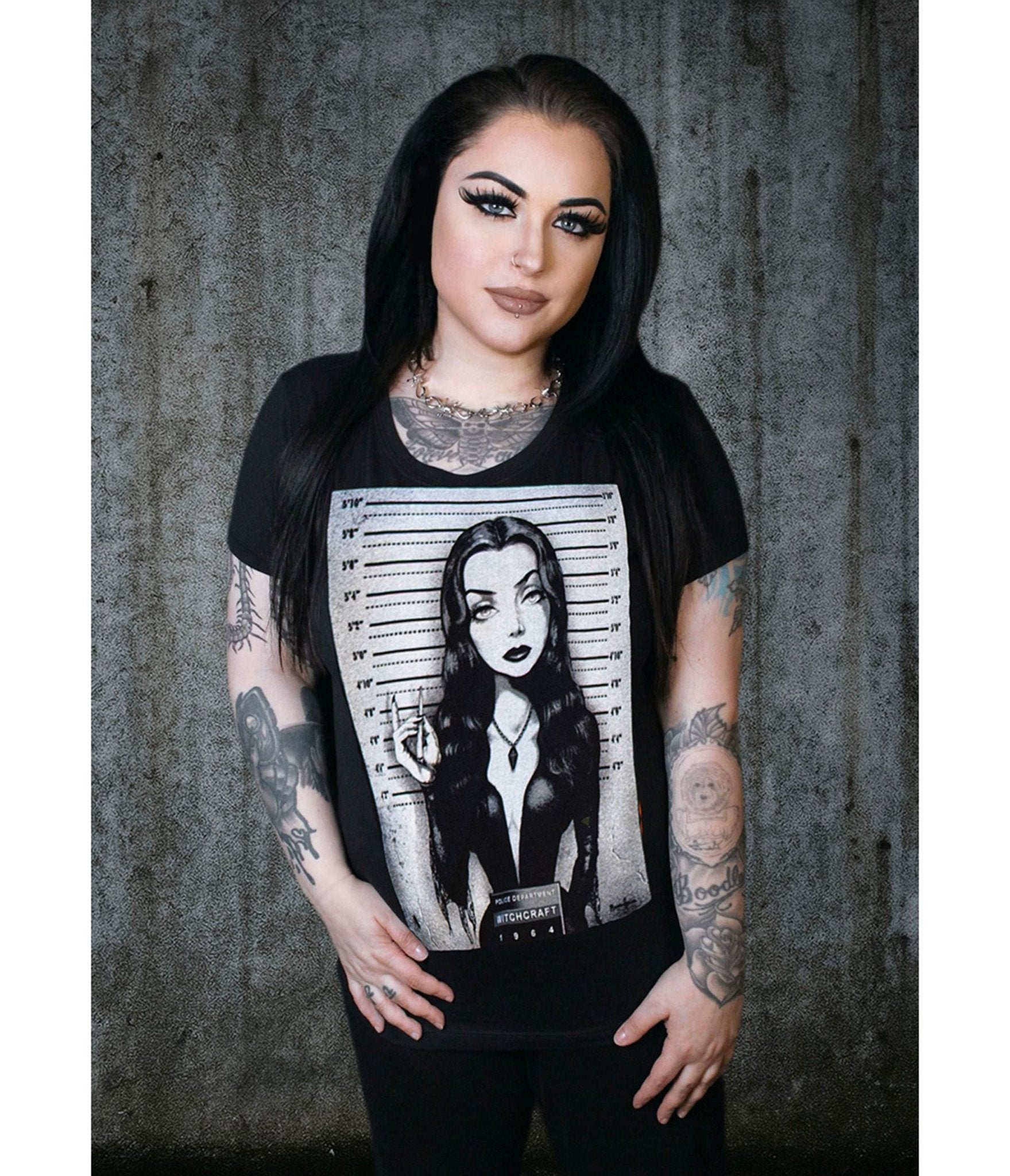 Morticia Addams Mugshot Women's Graphic Tee - Unique Vintage - Womens, GRAPHIC TEES, TEES