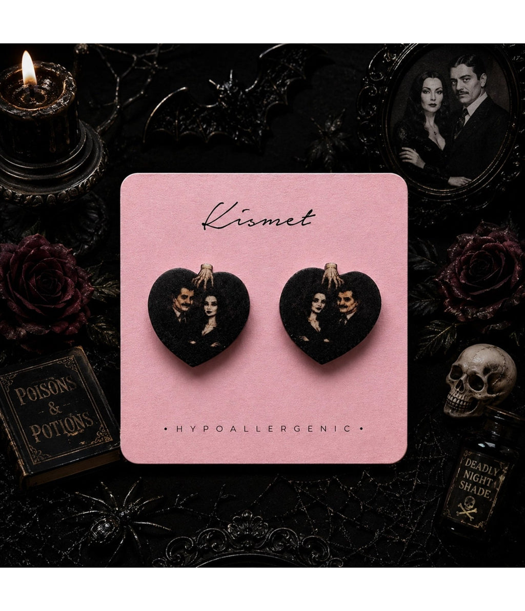 Morticia & Gomez Heart Stud Earrings - Unique Vintage -