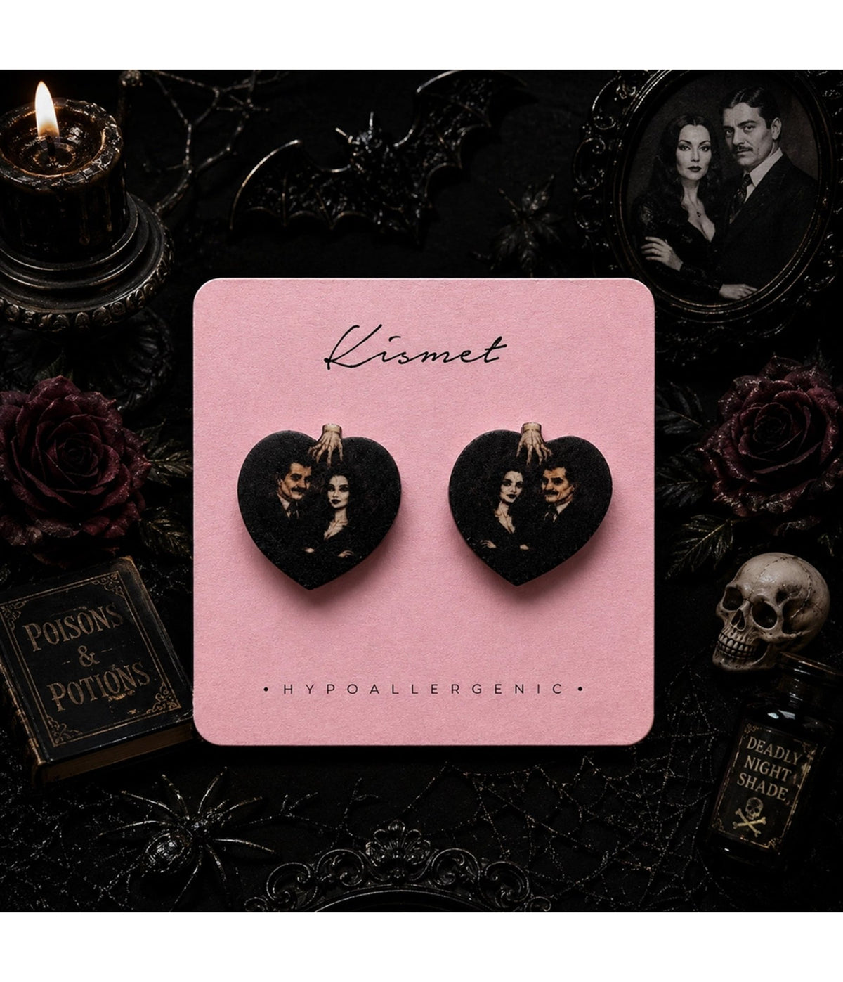 Morticia & Gomez Heart Stud Earrings - Unique Vintage -