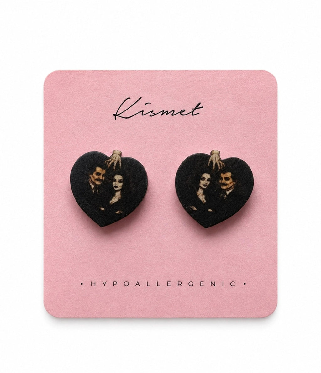 Morticia & Gomez Heart Stud Earrings - Unique Vintage -