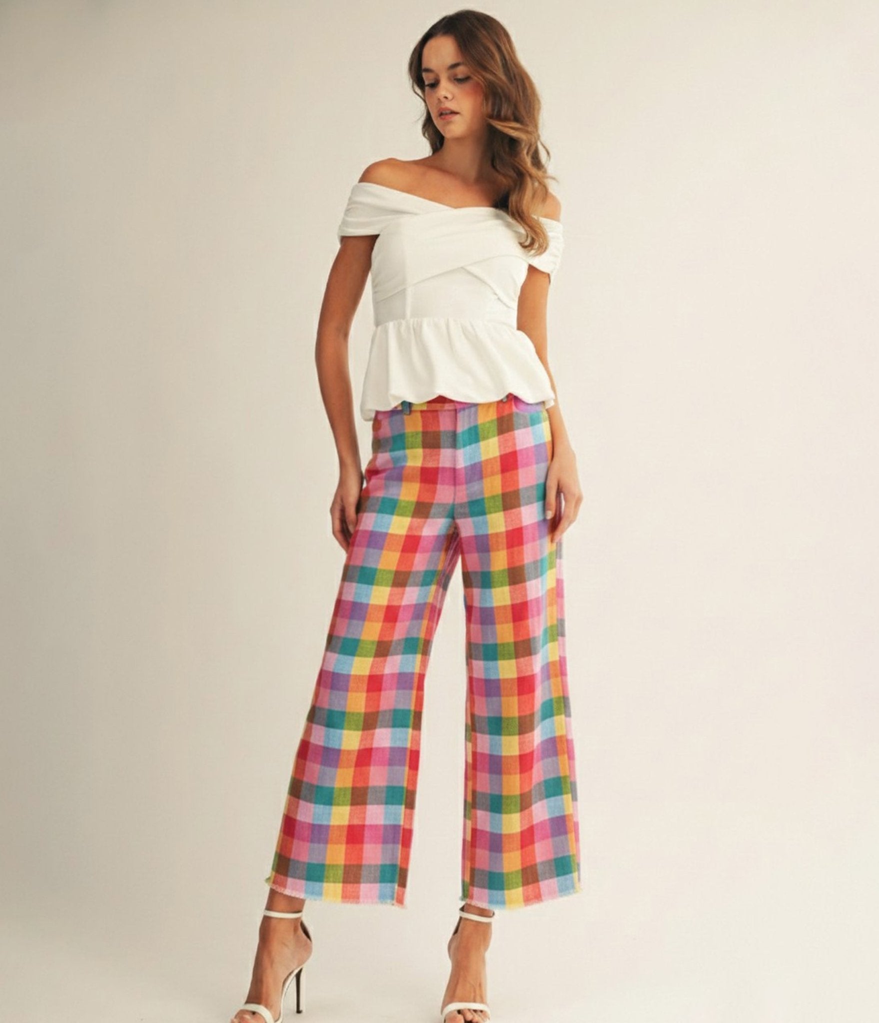 Multicolor Checkered Wide Leg Pants - Unique Vintage - Womens, BOTTOMS, PANTS