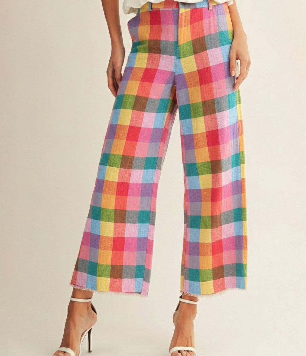 Multicolor Checkered Wide Leg Pants - Unique Vintage - Womens, BOTTOMS, PANTS