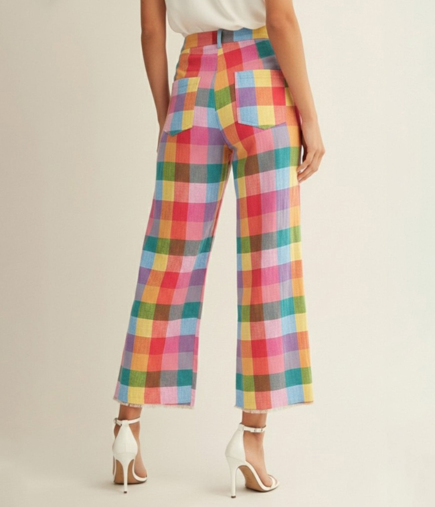 Multicolor Checkered Wide Leg Pants - Unique Vintage - Womens, BOTTOMS, PANTS