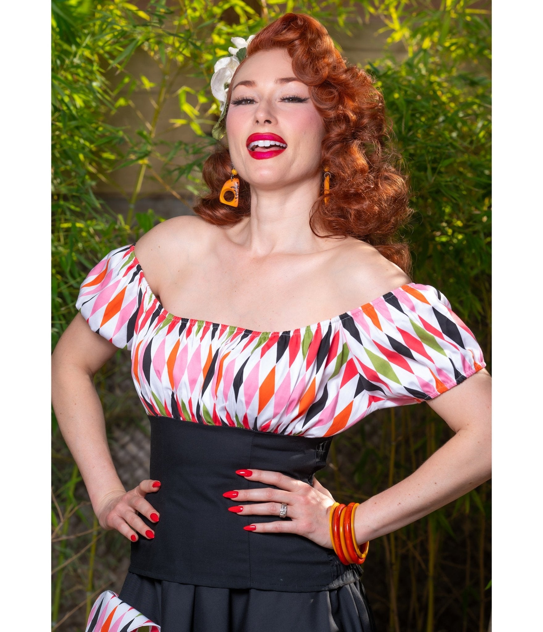 Multicolor Diamond Print Peasant Top - Unique Vintage - Womens, TOPS, TOPS