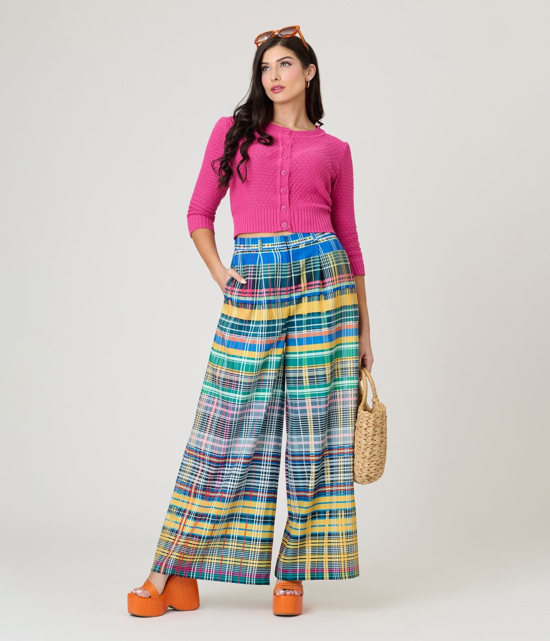 Multicolor Plaid Loose Straight Leg Pants - Unique Vintage - Womens, BOTTOMS, PANTS