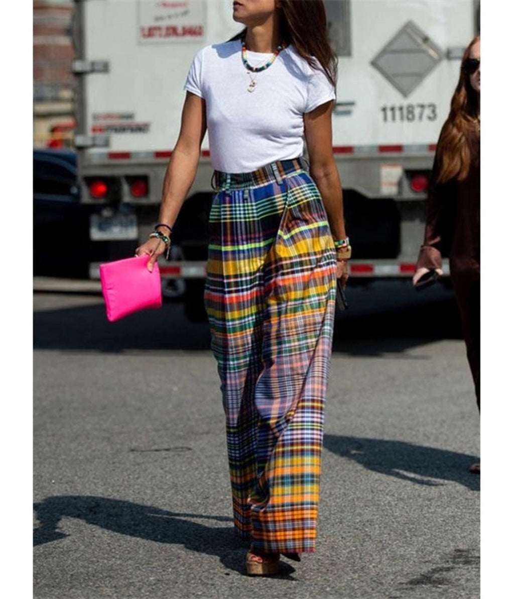 Multicolor Plaid Wide Leg Pants - Unique Vintage - Womens, BOTTOMS, PANTS