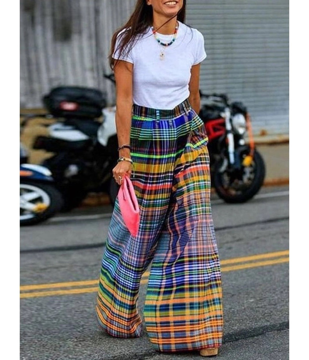 Multicolor Plaid Wide Leg Pants - Unique Vintage - Womens, BOTTOMS, PANTS