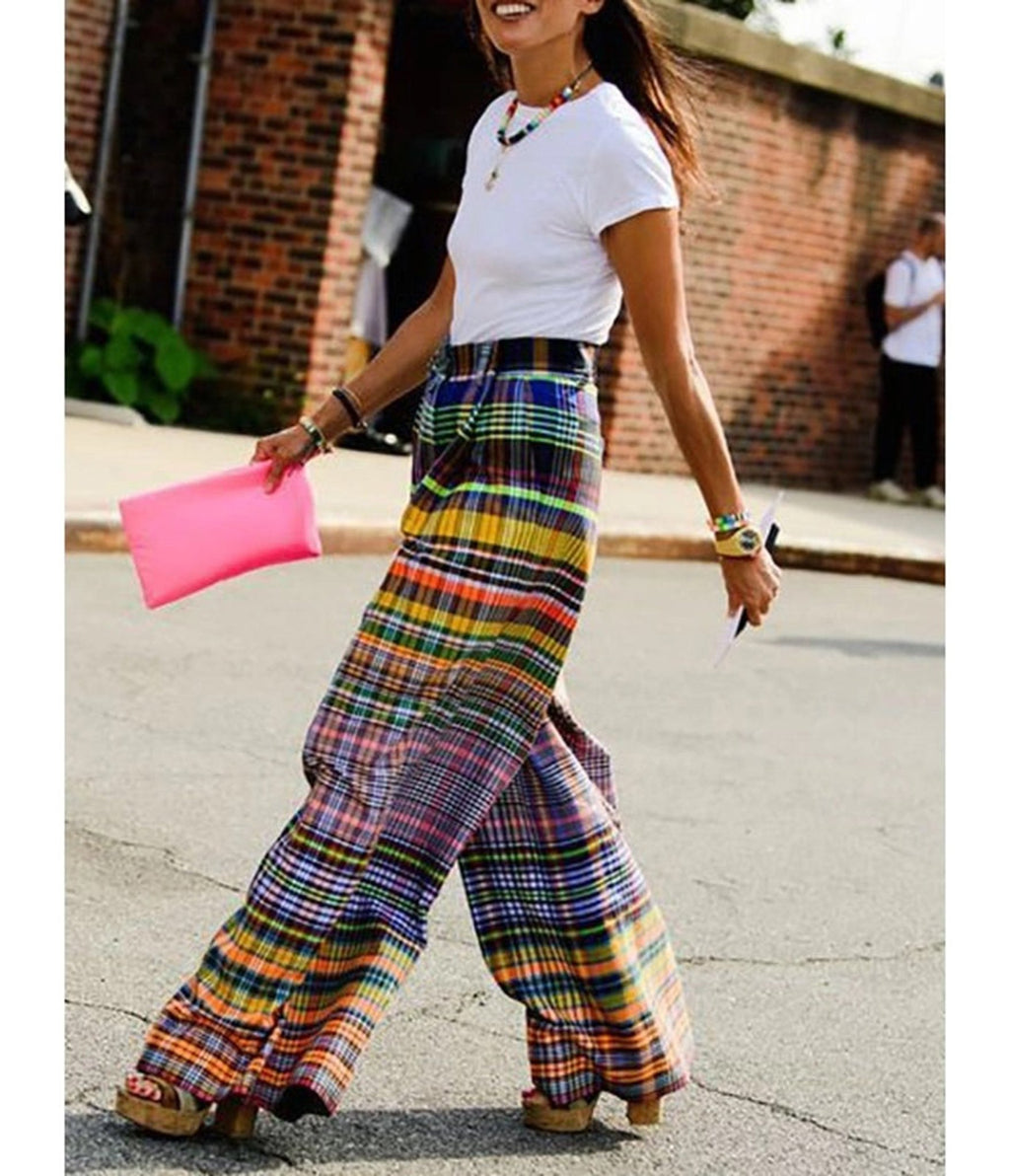 Multicolor Plaid Wide Leg Pants - Unique Vintage - Womens, BOTTOMS, PANTS