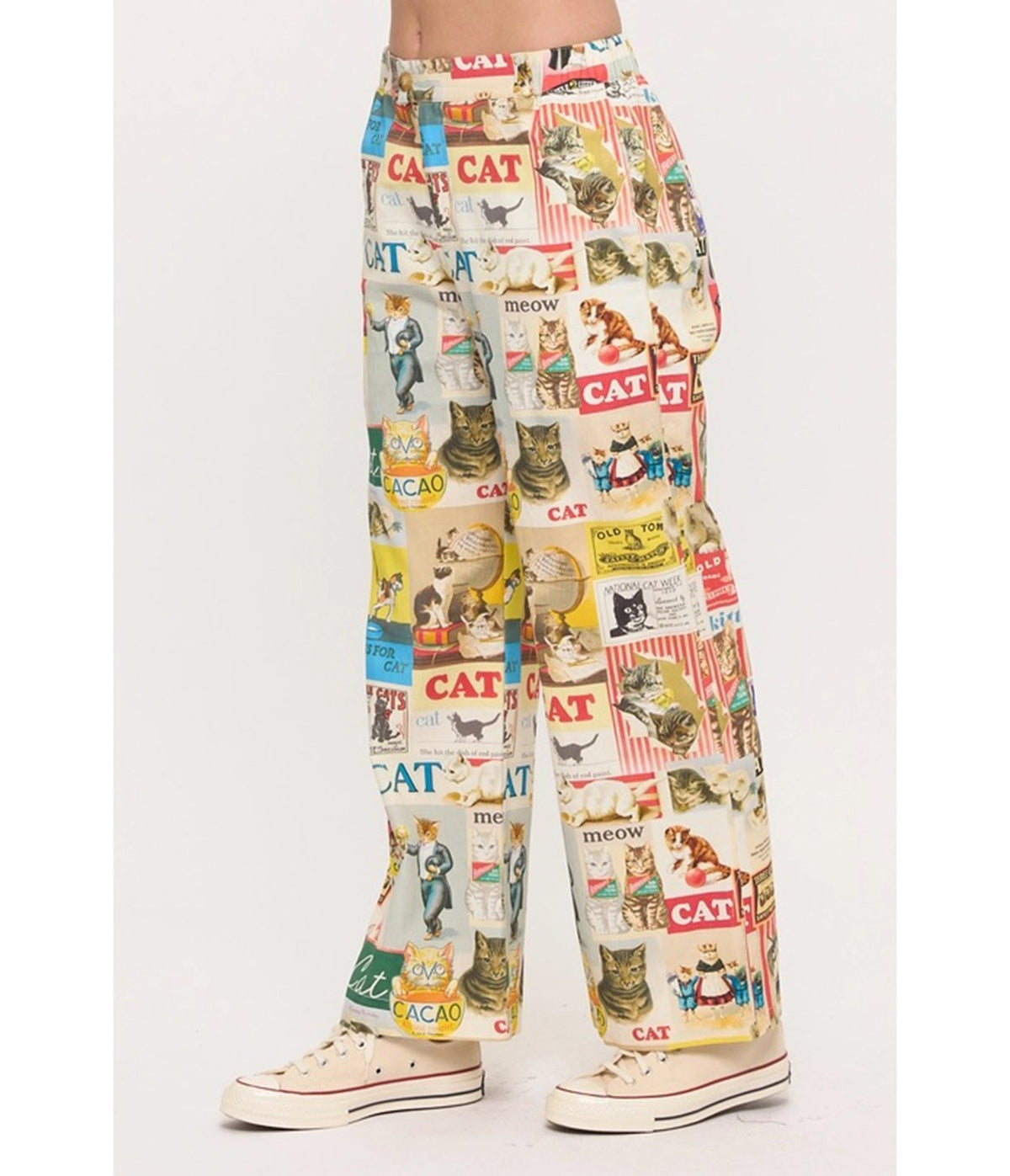 Multicolor Retro Cat Collage Print Wide-Leg Pants - Unique Vintage - Pants