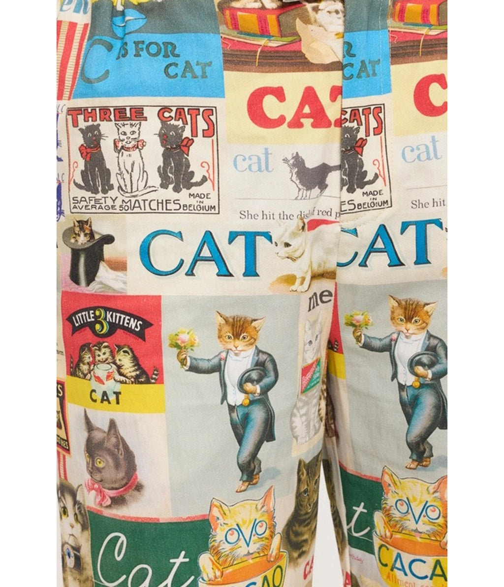 Multicolor Retro Cat Collage Print Wide-Leg Pants - Unique Vintage - Pants