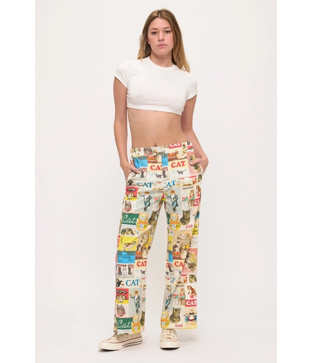 Multicolor Retro Cat Collage Print Wide-Leg Pants - Unique Vintage - Pants
