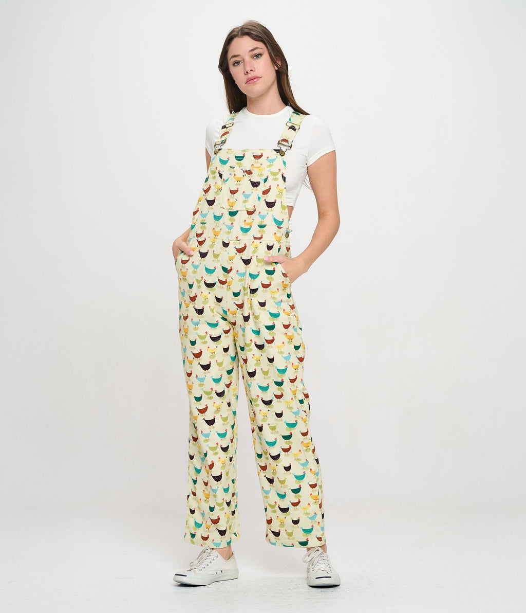 Multicolor Rooster Print Cotton Overalls - Unique Vintage - Womens, BOTTOMS, ROMPERS AND JUMPSUITS