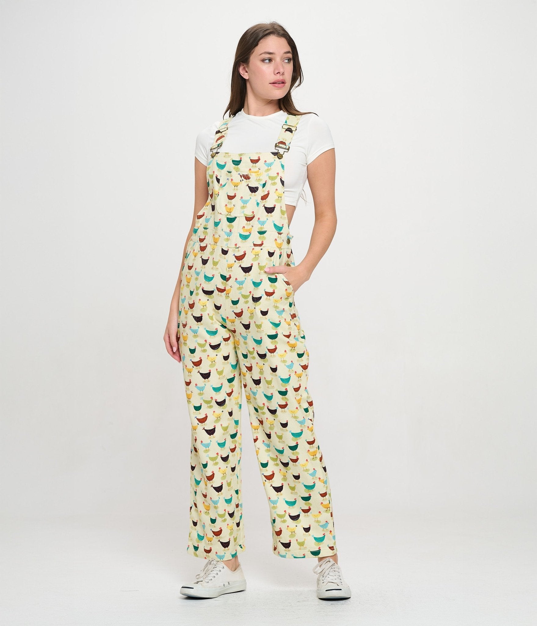 Multicolor Rooster Print Cotton Overalls - Unique Vintage - Womens, BOTTOMS, ROMPERS AND JUMPSUITS