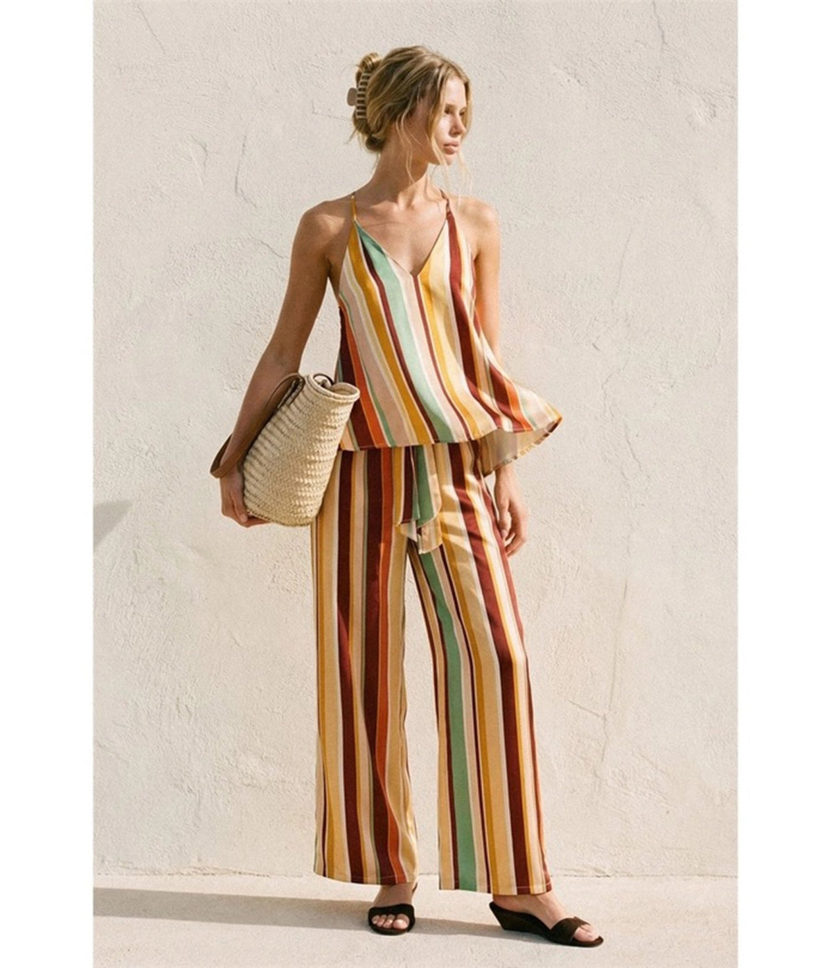 Multicolor Striped Wide Leg Pants - Unique Vintage - Womens, BOTTOMS, PANTS