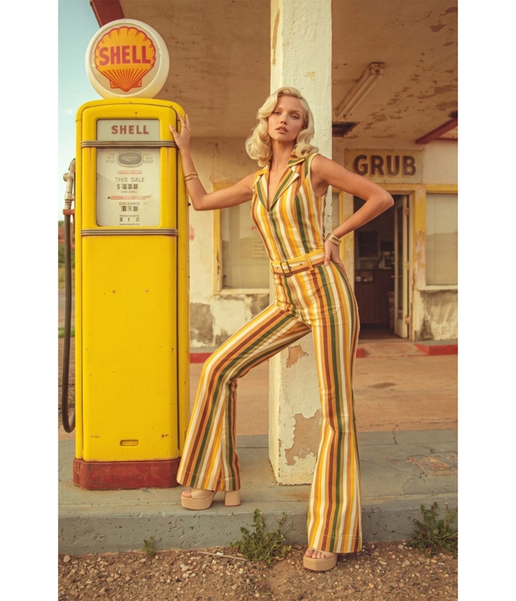 Mustard Striped Denim Belted Jumpsuit - Unique Vintage - Womens, BOTTOMS, ROMPERS AND JUMPSUITS