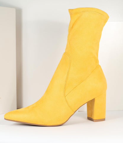 Mustard Suede Pointed Bootie - Unique Vintage - Womens, SHOES, BOOTS