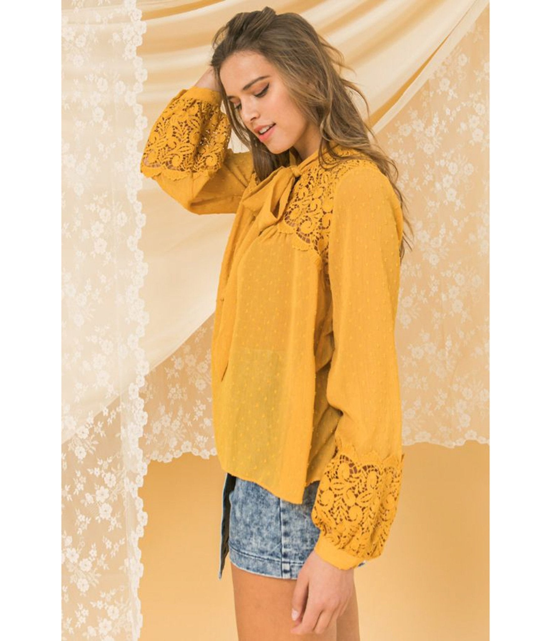 Mustard Tied Bishop Blouse - Unique Vintage - Womens, TOPS, SHIRTS