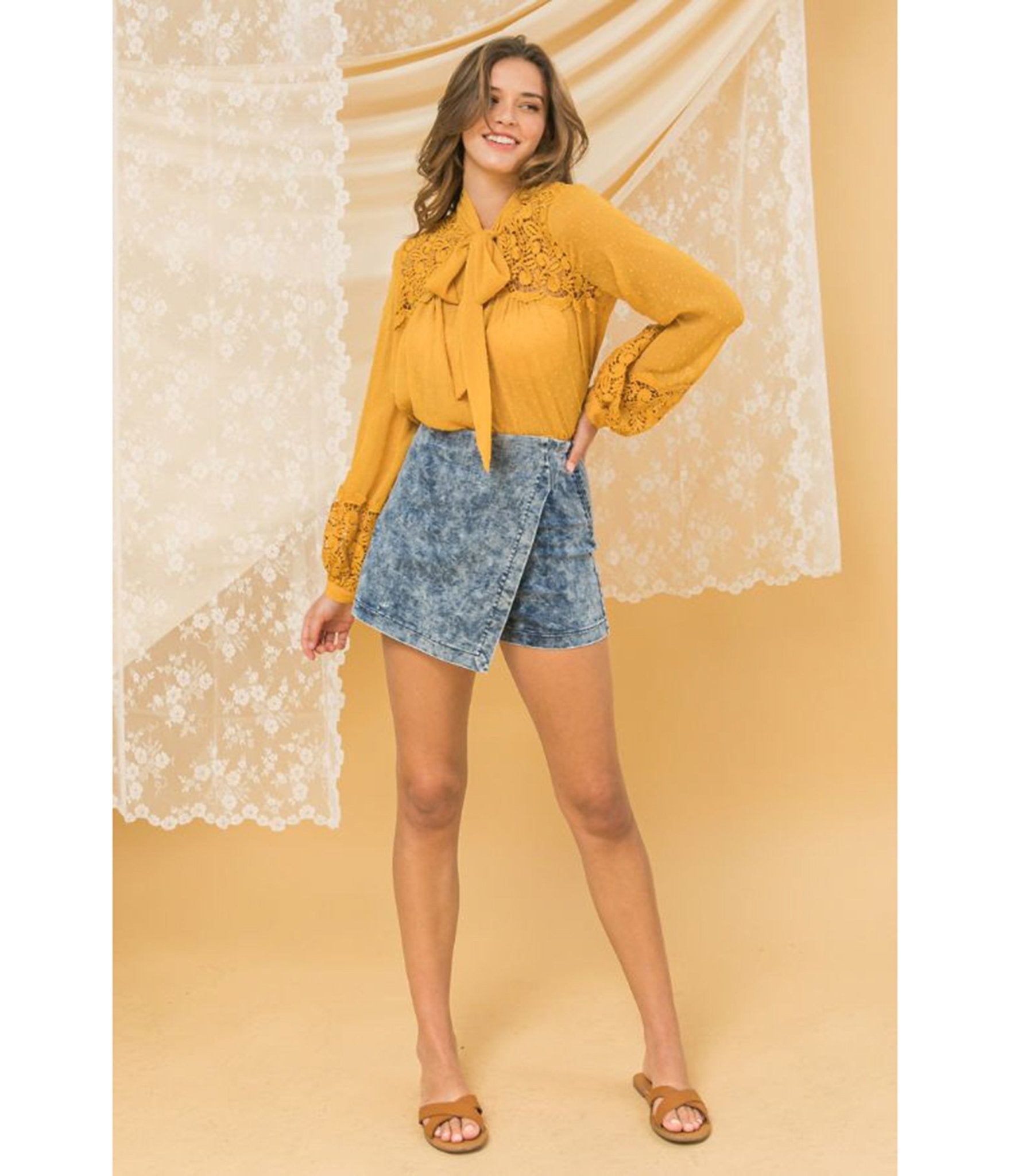 Mustard Tied Bishop Blouse - Unique Vintage - Womens, TOPS, SHIRTS