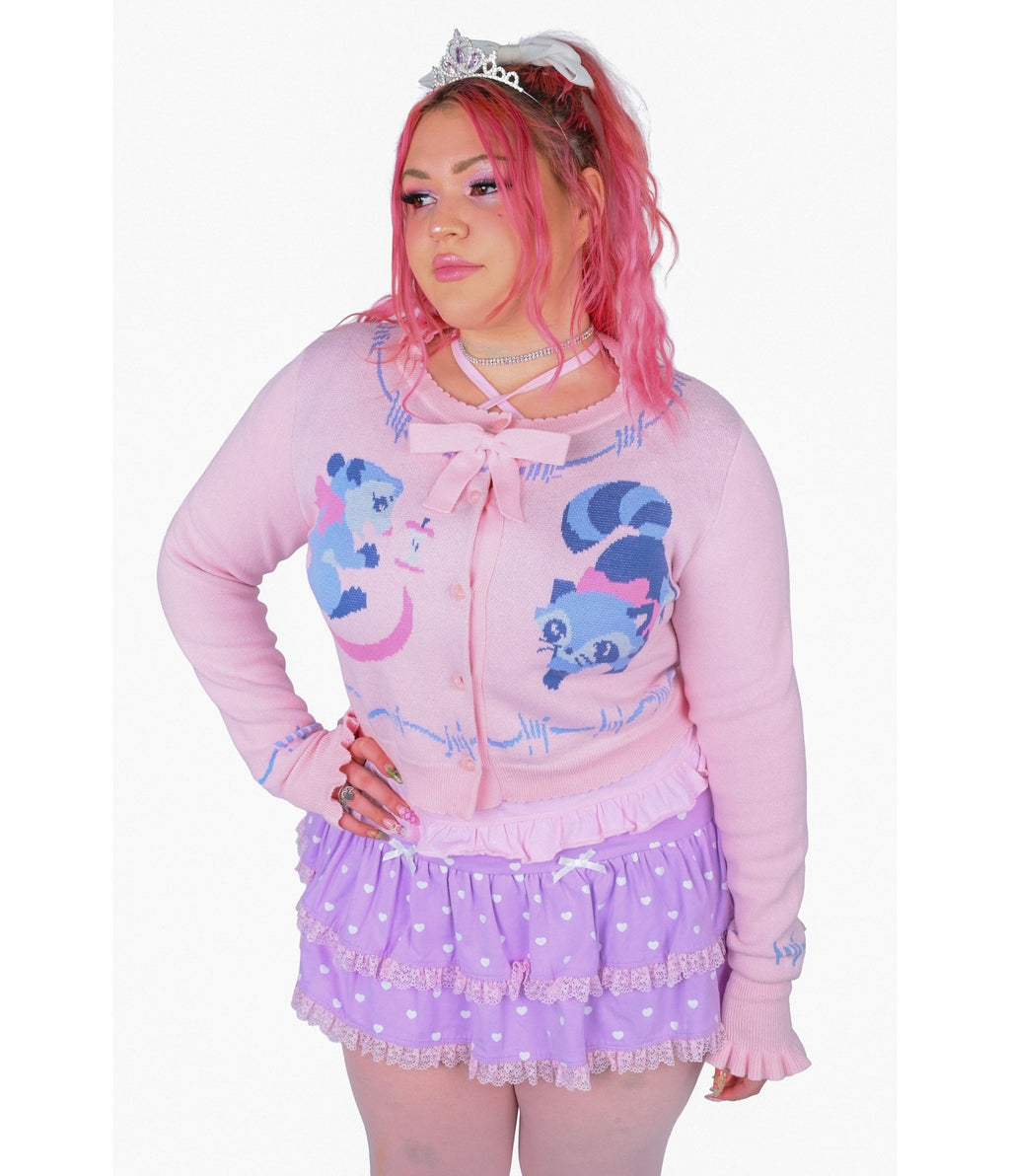 My Violet Pink Raccoon Print Trash Parade Cardigan - Unique Vintage - Womens, TOPS, SWEATERS