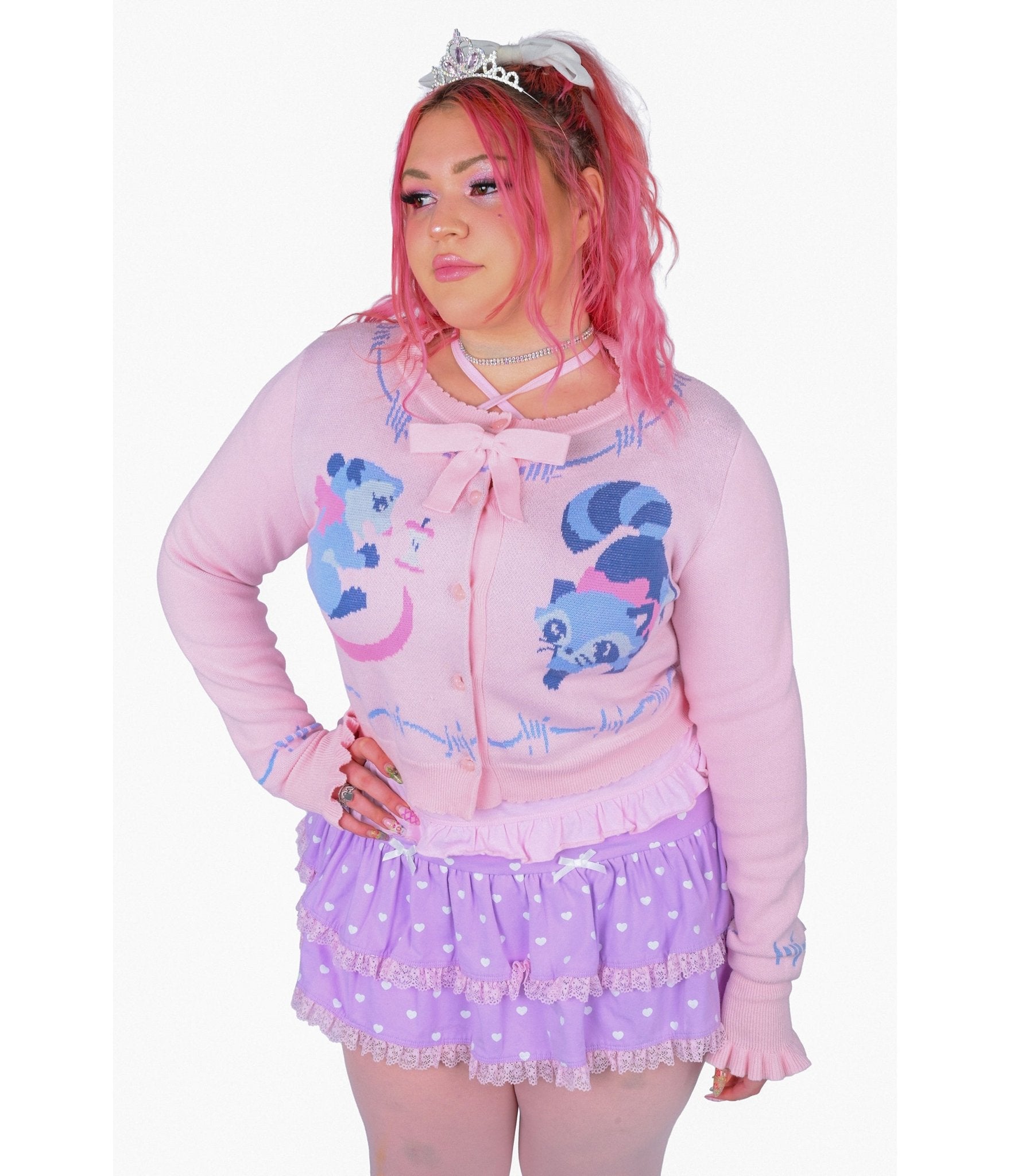 My Violet Pink Raccoon Print Trash Parade Cardigan - Unique Vintage - Womens, TOPS, SWEATERS