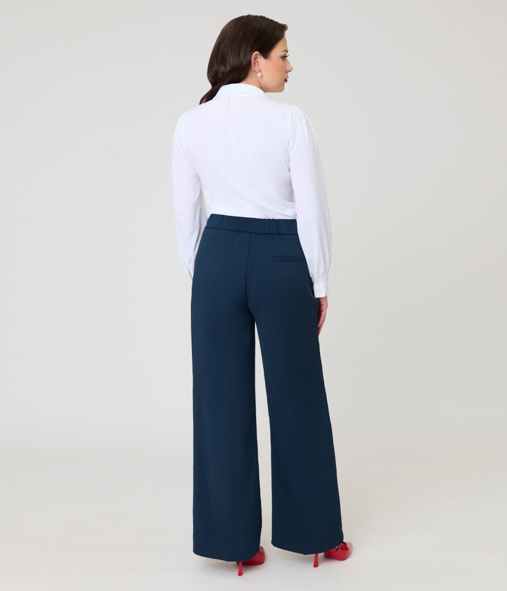 Navy 1950s Wide Leg Trousers - Unique Vintage - Womens, BOTTOMS, PANTS