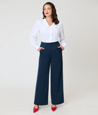 Navy 1950s Wide Leg Trousers - Unique Vintage - Womens, BOTTOMS, PANTS