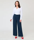 Navy 1950s Wide Leg Trousers - Unique Vintage - Womens, BOTTOMS, PANTS