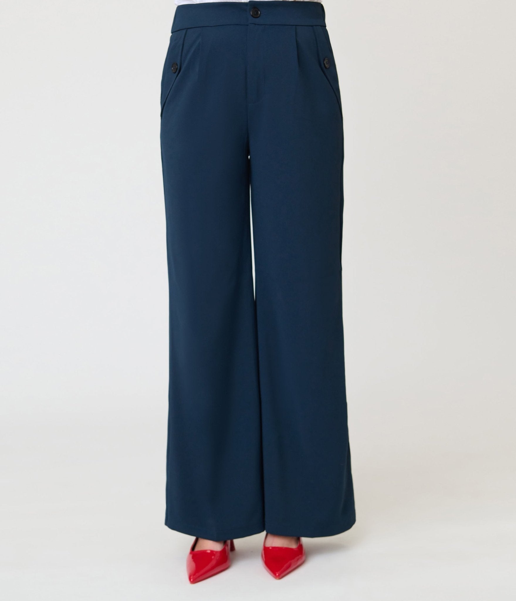 Navy 1950s Wide Leg Trousers - Unique Vintage - Womens, BOTTOMS, PANTS
