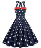 Navy Blue & White Star Print Halter Swing Dress - Unique Vintage - Womens, DRESSES, MIDI