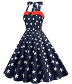 Navy Blue & White Star Print Halter Swing Dress - Unique Vintage - Womens, DRESSES, MIDI