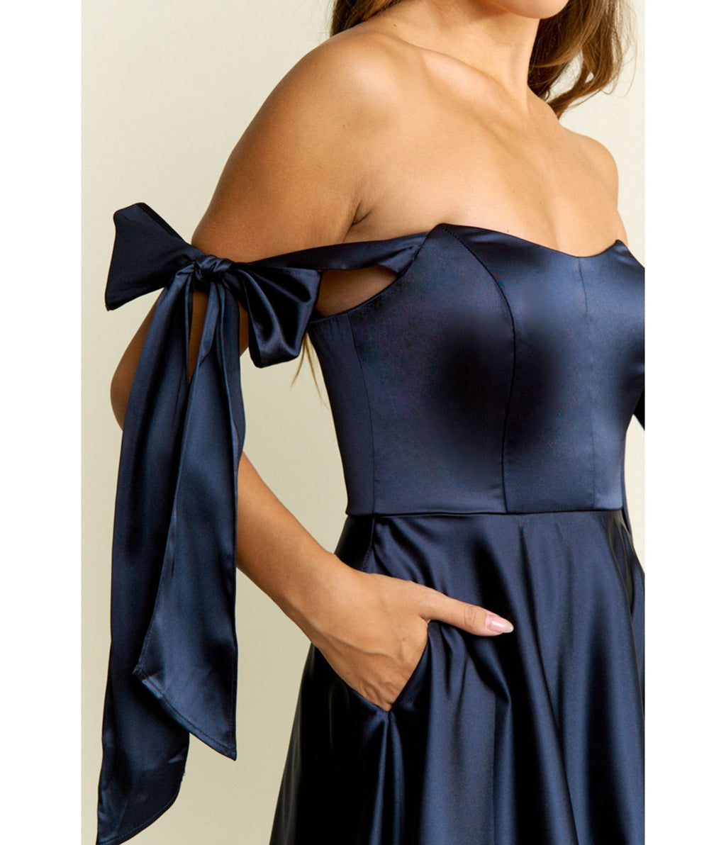 Navy Bow Off the Shoulder Midi Dress - Unique Vintage - Womens, DRESSES, PROM AND SPECIAL OCCASION
