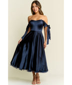 Navy Bow Off the Shoulder Midi Dress - Unique Vintage - Womens, DRESSES, PROM AND SPECIAL OCCASION