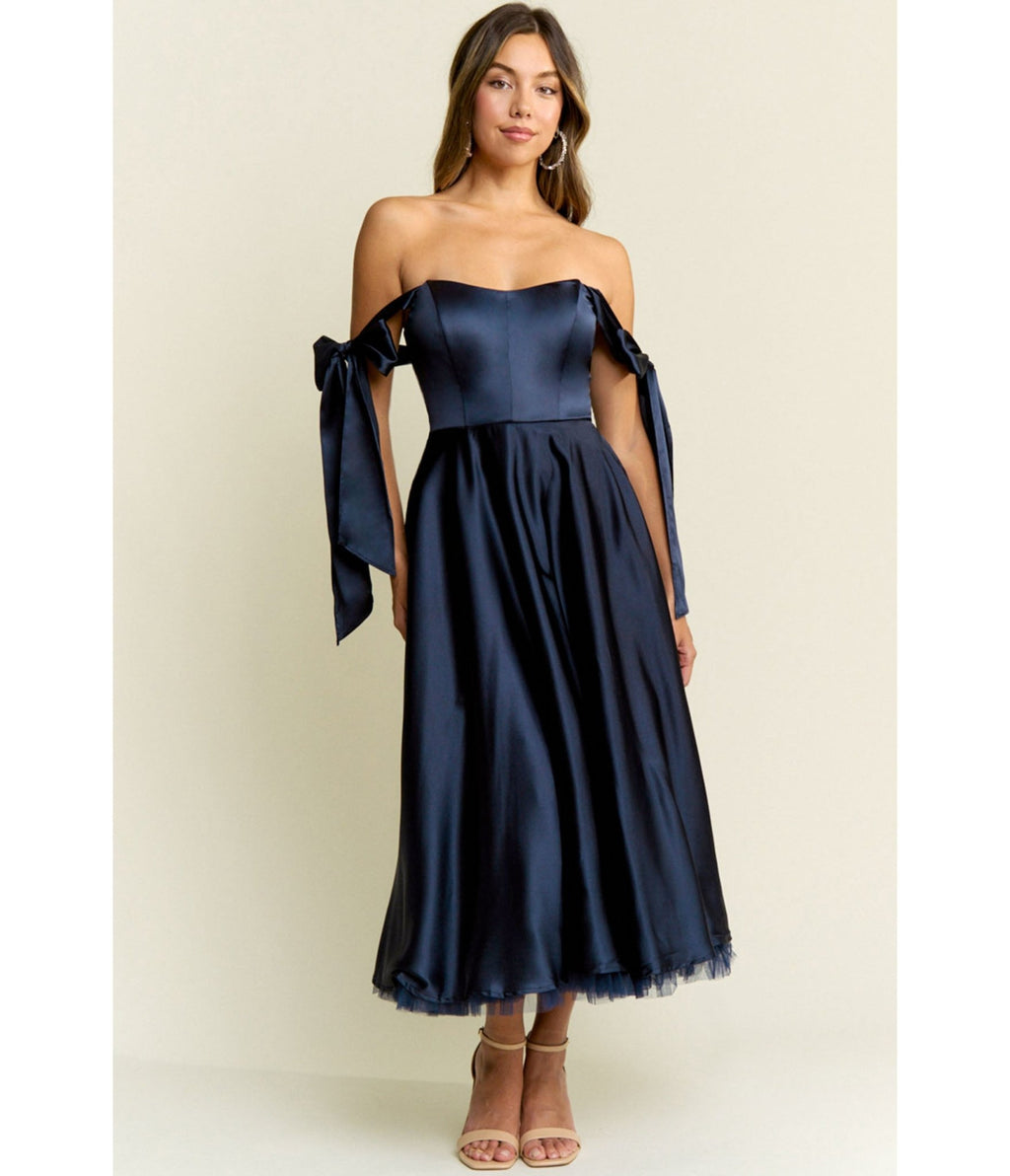Navy Bow Off the Shoulder Midi Dress - Unique Vintage - Womens, DRESSES, PROM AND SPECIAL OCCASION