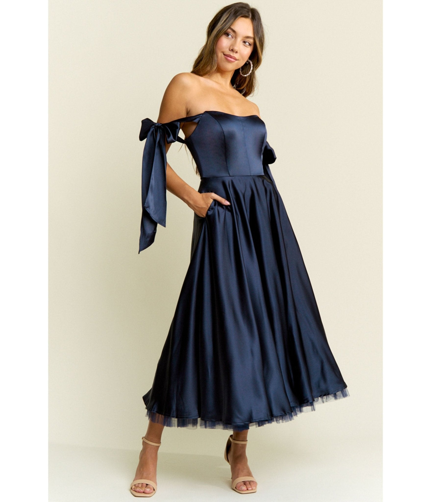 Navy Bow Off the Shoulder Midi Dress - Unique Vintage - Womens, DRESSES, PROM AND SPECIAL OCCASION