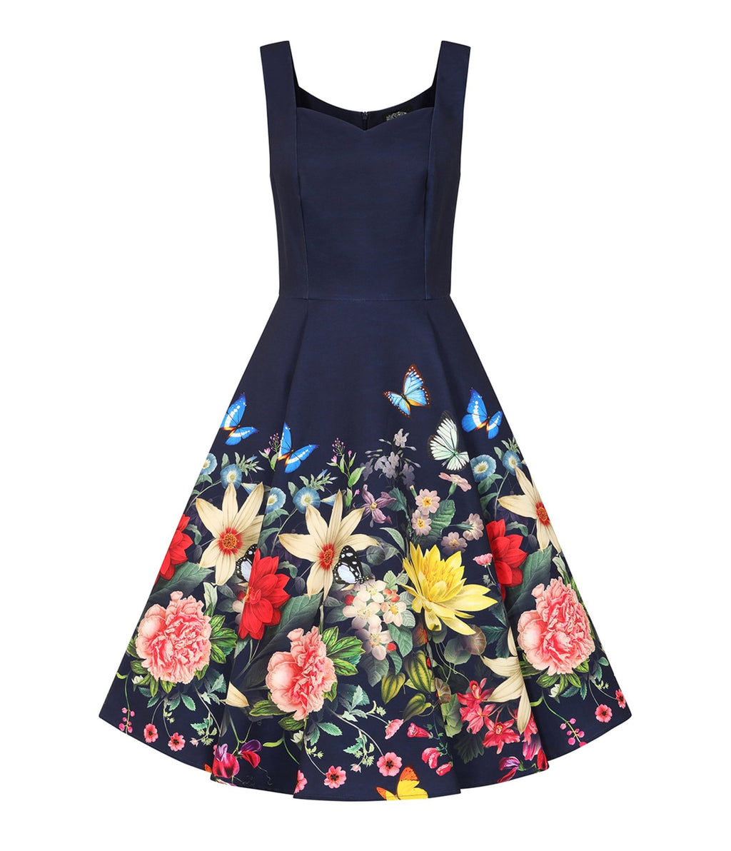 Navy Butterfly & Floral Moonlight Swing Dress - Unique Vintage - Womens, DRESSES, SWING