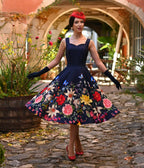 Navy Butterfly & Floral Moonlight Swing Dress - Unique Vintage - Womens, DRESSES, SWING