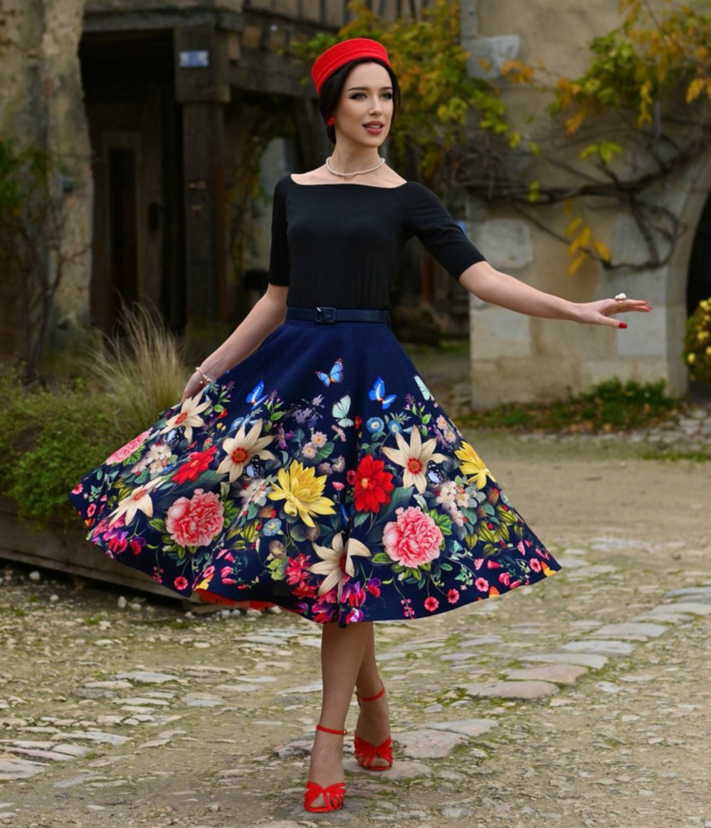 Navy Butterfly Meadow Swing Skirt - Unique Vintage - Womens, BOTTOMS, SKIRTS