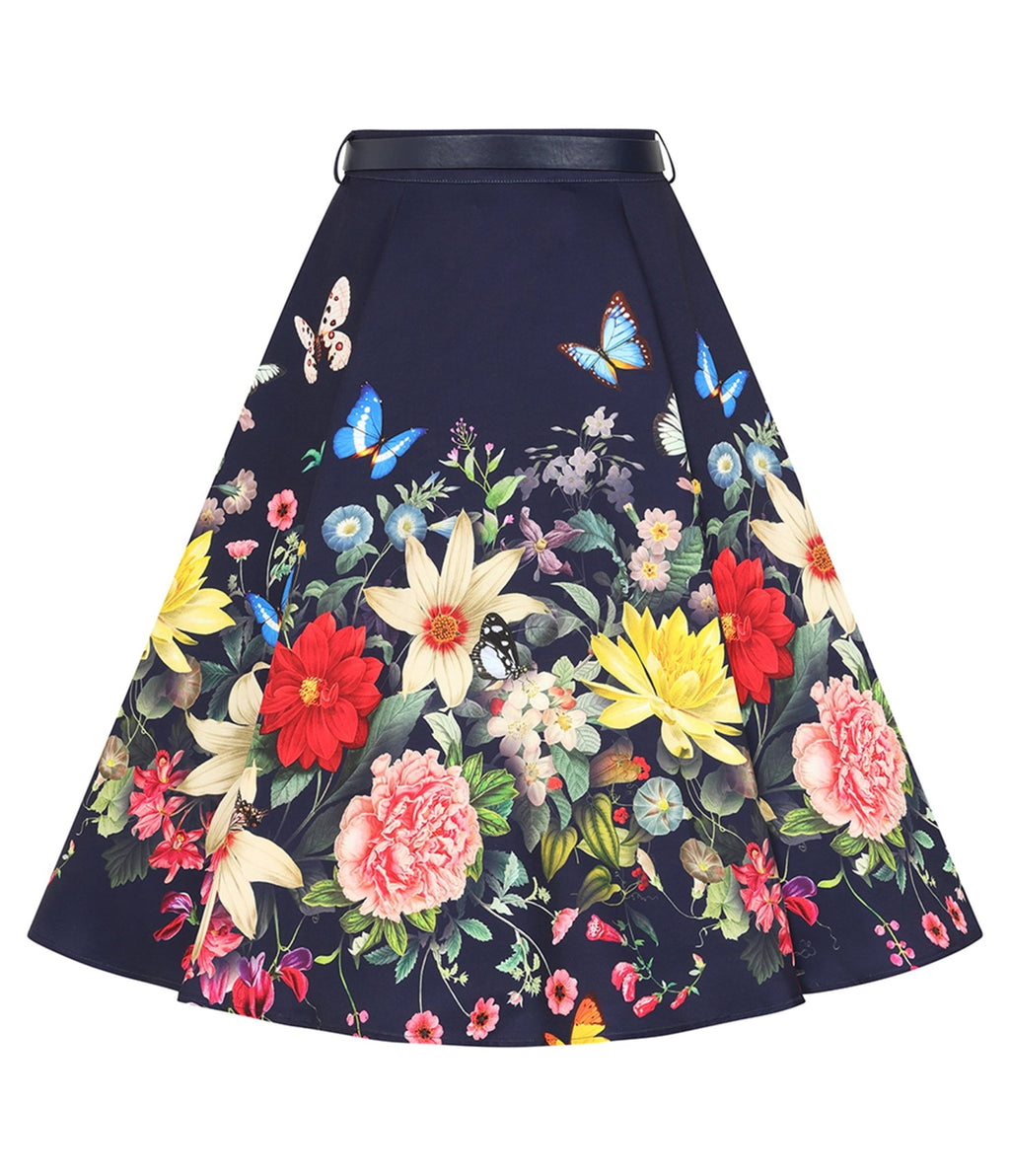 Navy Butterfly Meadow Swing Skirt - Unique Vintage - Womens, BOTTOMS, SKIRTS